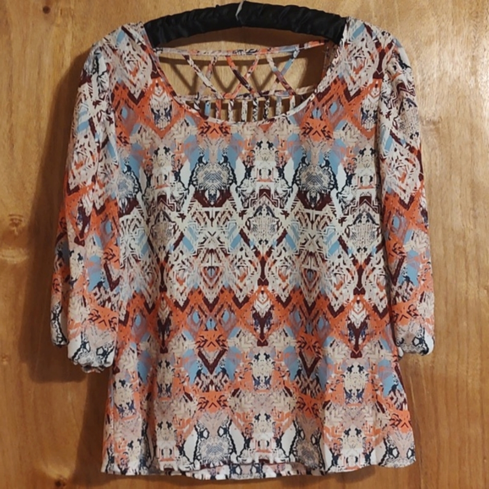 🌵Heartsoul Southwest Pattern Blouse Salmon Blue Puff Sleeve Crisscross Back L